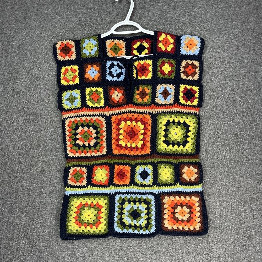 Vintage Handmade Granny Square Crochet Tank Top Women's Small Hippie Colorblock